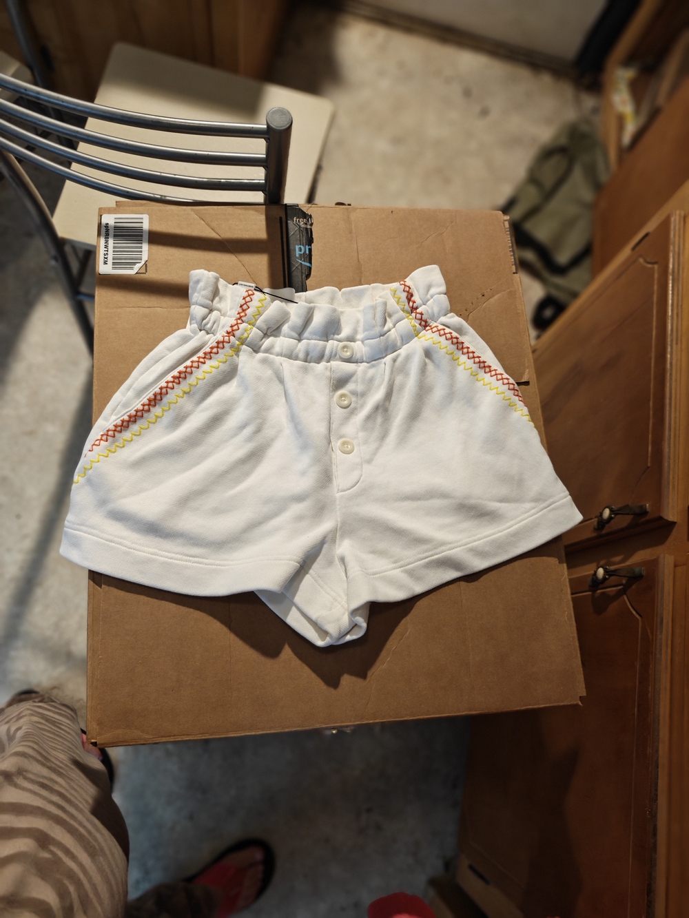Something Navy White Elastic Waist Shorts with Red and Yellow Trim